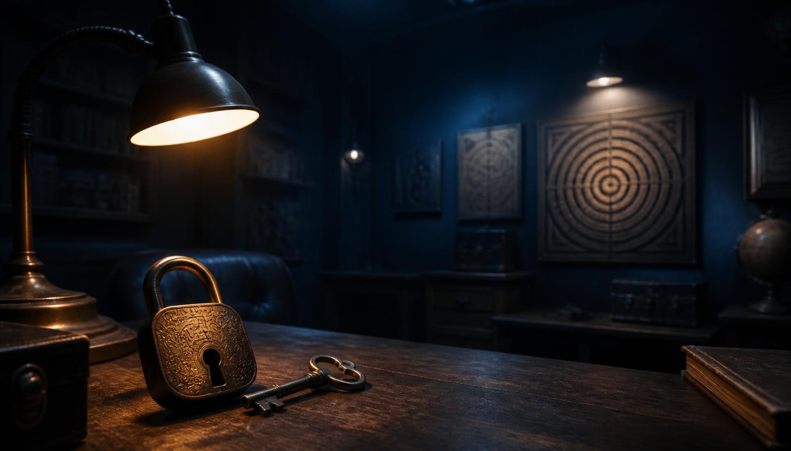 Sfeervolle escaperoom met antiek hangslot en sleutel op een houten tafel
